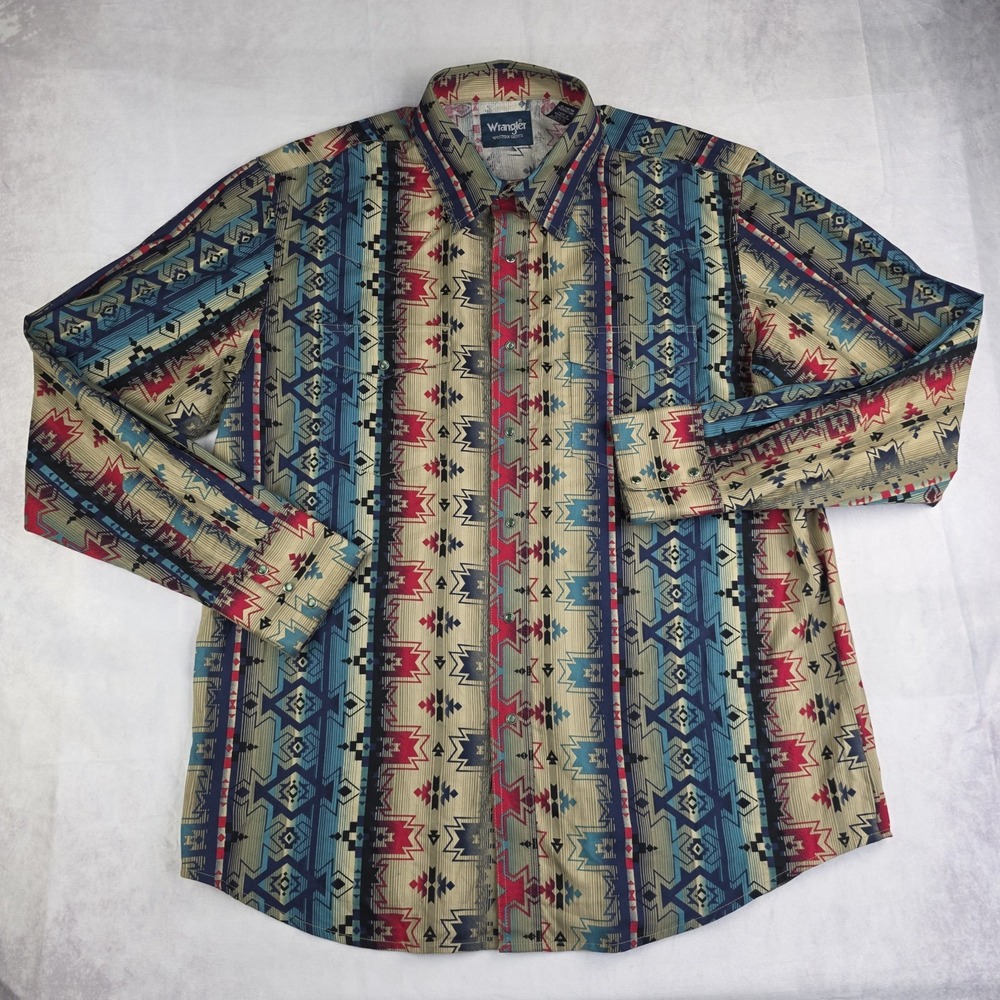 Vintage Wrangler Shirt Mens XL Aztec Southwestern Cowboy Western 90s Brushpopper